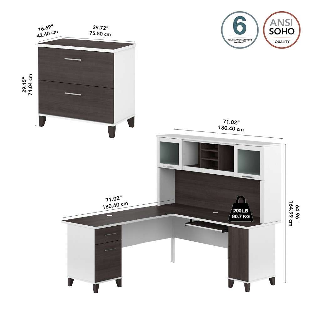 Bush Furniture - Somerset 72W L Shaped Desk with Hutch and Lateral File Cabinet in White and Storm Gray - SET009SGWH veiw 5