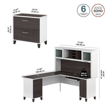 Bush Furniture - Somerset 72W L Shaped Desk with Hutch and Lateral File Cabinet in White and Storm Gray - SET009SGWH veiw 5