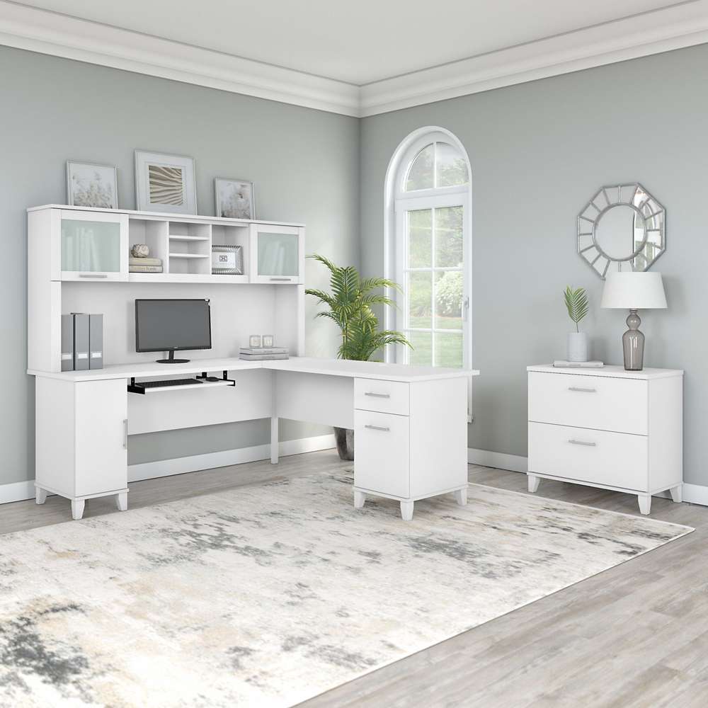 Bush Furniture - Somerset 72W L Shaped Desk with Hutch and Lateral File Cabinet in White - SET009WH veiw 4