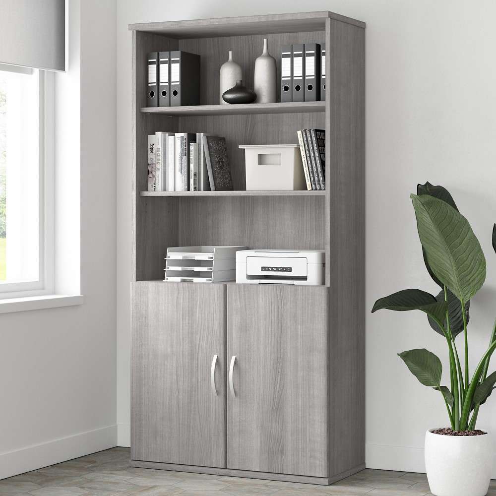 Bush Furniture - Studio A Tall 5 Shelf Bookcase with Doors in Platinum Gray - STA010PG veiw 1