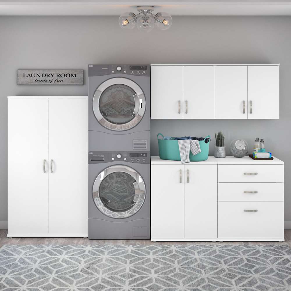 Bush Furniture - Universal 5 Piece Modular 92W 92W Laundry Room Storage Set with Floor and Wall Cabinets in White - LNS003WH veiw 2