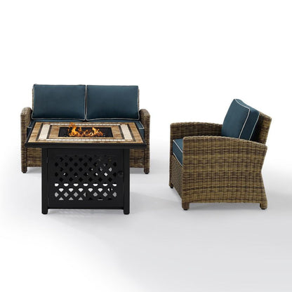 Crosley Furniture - Bradenton 3 Piece Outdoor Wicker Conversation Set With Fire Table Weathered Brown/Navy - Loveseat, Arm Chair, Fire Table - KO70161-NV veiw 1