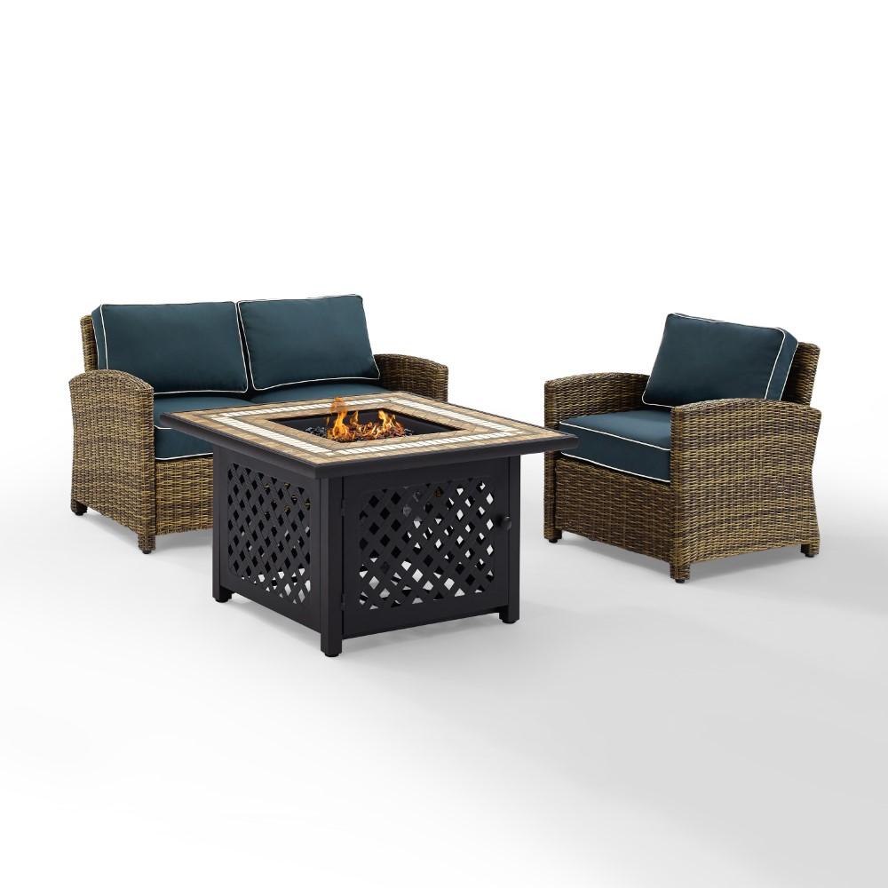 Crosley Furniture - Bradenton 3 Piece Outdoor Wicker Conversation Set With Fire Table Weathered Brown/Navy - Loveseat, Arm Chair, Fire Table - KO70161-NV veiw 2
