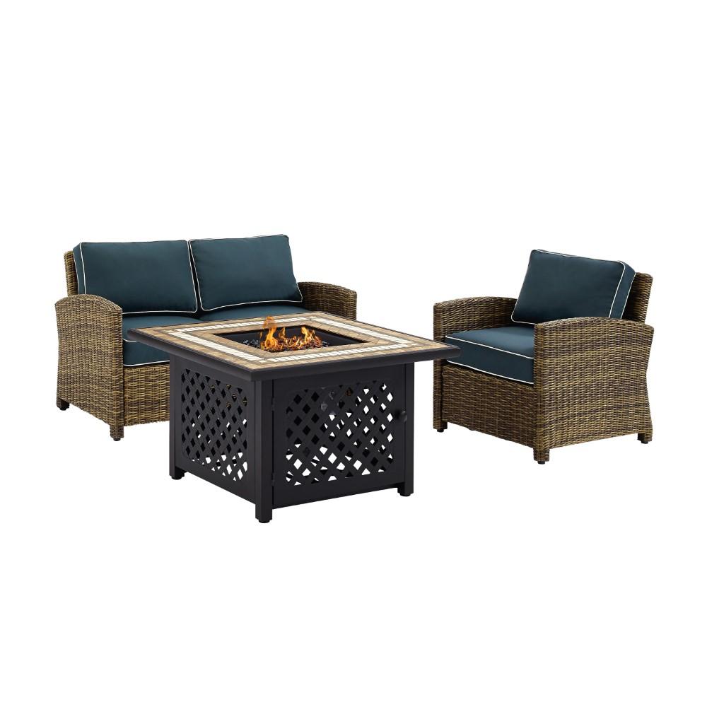 Crosley Furniture - Bradenton 3 Piece Outdoor Wicker Conversation Set With Fire Table Weathered Brown/Navy - Loveseat, Arm Chair, Fire Table - KO70161-NV veiw 3