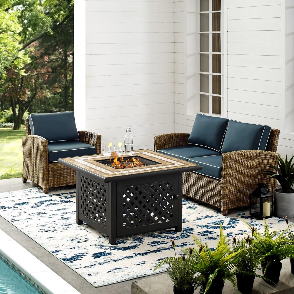 Crosley Furniture - Bradenton 3 Piece Outdoor Wicker Conversation Set With Fire Table Weathered Brown/Navy - Loveseat, Arm Chair, Fire Table - KO70161-NV veiw 5
