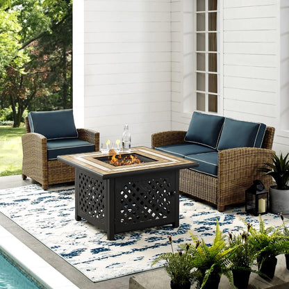 Crosley Furniture - Bradenton 3 Piece Outdoor Wicker Conversation Set With Fire Table Weathered Brown/Navy - Loveseat, Arm Chair, Fire Table - KO70161-NV veiw 5