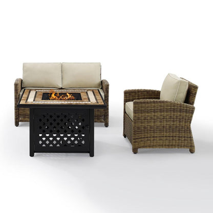 Crosley Furniture - Bradenton 3 Piece Outdoor Wicker Conversation Set With Fire Table Weathered Brown/Sand - Loveseat, Arm Chair, Fire Table - KO70161-SA veiw 1