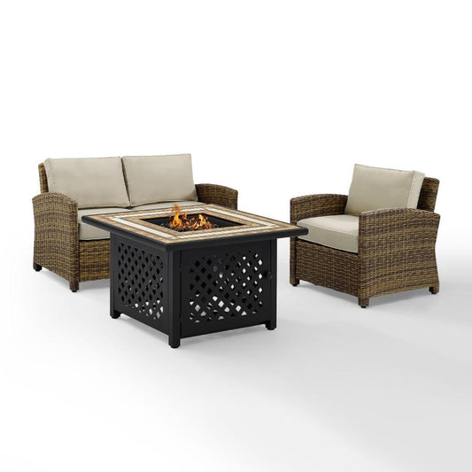 Crosley Furniture - Bradenton 3 Piece Outdoor Wicker Conversation Set With Fire Table Weathered Brown/Sand - Loveseat, Arm Chair, Fire Table - KO70161-SA veiw 2