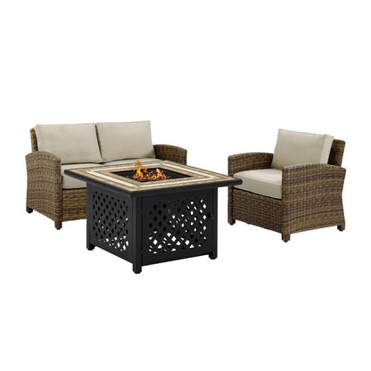 Crosley Furniture - Bradenton 3 Piece Outdoor Wicker Conversation Set With Fire Table Weathered Brown/Sand - Loveseat, Arm Chair, Fire Table - KO70161-SA veiw 3