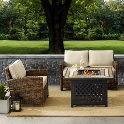 Crosley Furniture - Bradenton 3 Piece Outdoor Wicker Conversation Set With Fire Table Weathered Brown/Sand - Loveseat, Arm Chair, Fire Table - KO70161-SA veiw 4