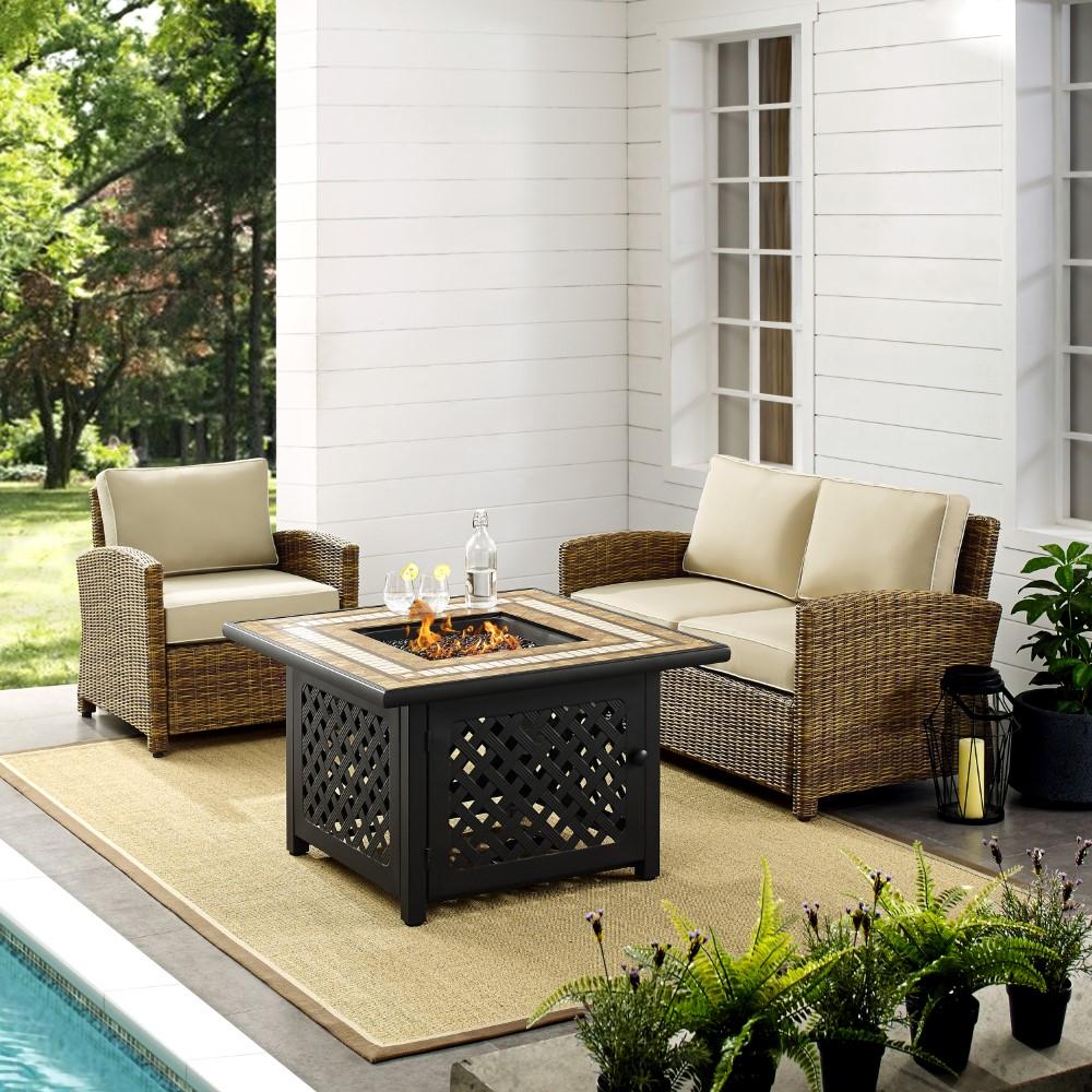 Crosley Furniture - Bradenton 3 Piece Outdoor Wicker Conversation Set With Fire Table Weathered Brown/Sand - Loveseat, Arm Chair, Fire Table - KO70161-SA veiw 5