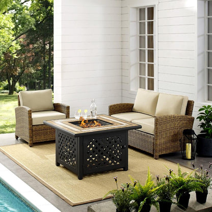 Crosley Furniture - Bradenton 3 Piece Outdoor Wicker Conversation Set With Fire Table Weathered Brown/Sand - Loveseat, Arm Chair, Fire Table - KO70161-SA veiw 5