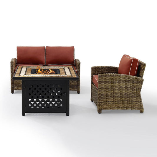 Crosley Furniture - Bradenton 3 Piece Outdoor Wicker Conversation Set With Fire Table Weathered Brown/Sangria - Loveseat, Arm Chair, Fire Table - KO70161-SG veiw 1