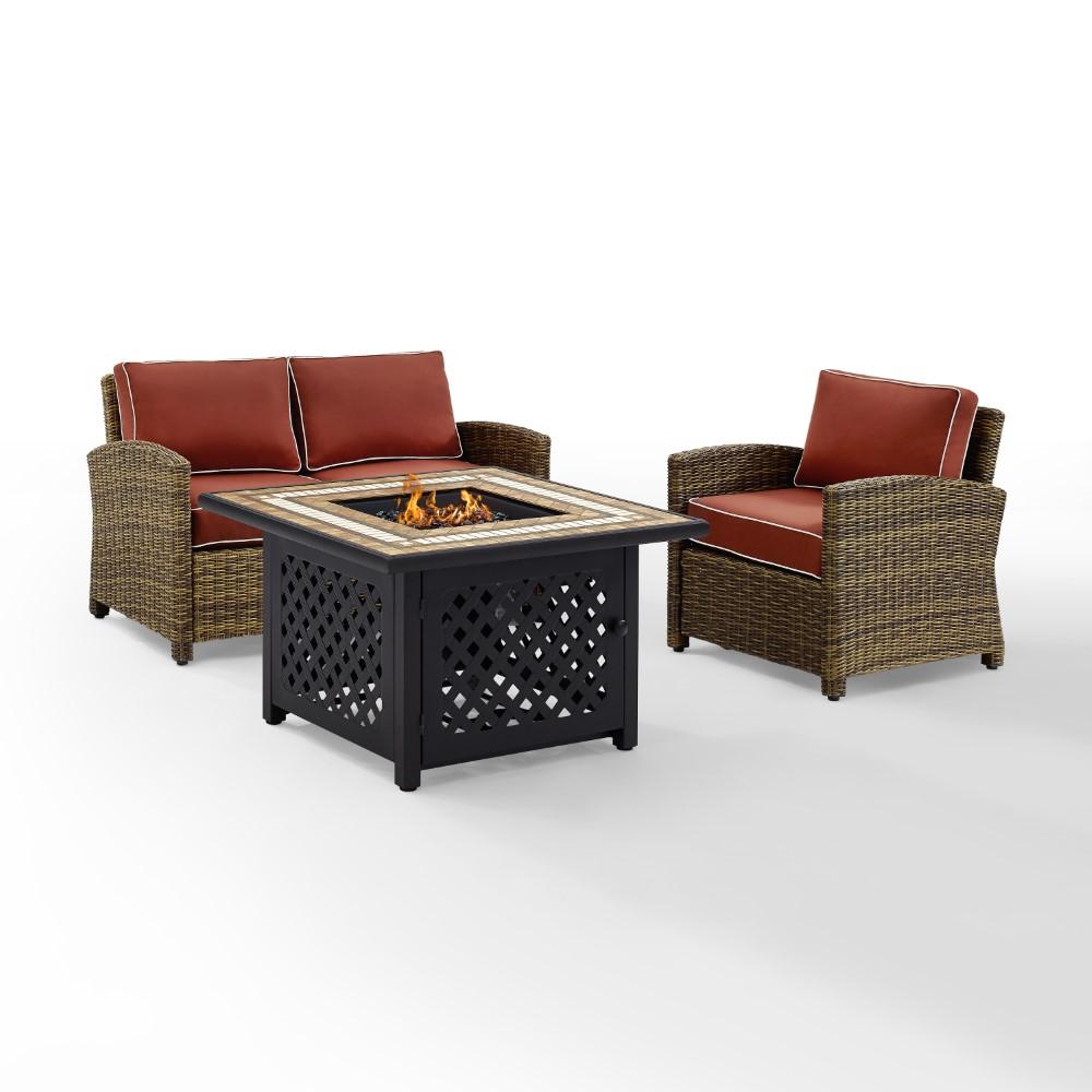 Crosley Furniture - Bradenton 3 Piece Outdoor Wicker Conversation Set With Fire Table Weathered Brown/Sangria - Loveseat, Arm Chair, Fire Table - KO70161-SG veiw 2