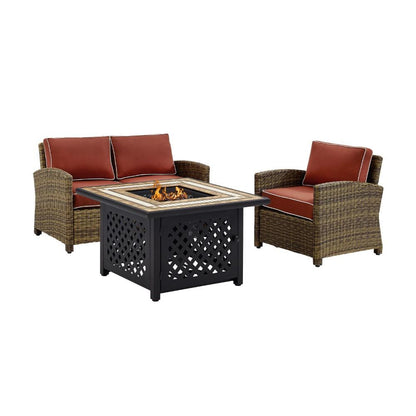 Crosley Furniture - Bradenton 3 Piece Outdoor Wicker Conversation Set With Fire Table Weathered Brown/Sangria - Loveseat, Arm Chair, Fire Table - KO70161-SG veiw 3