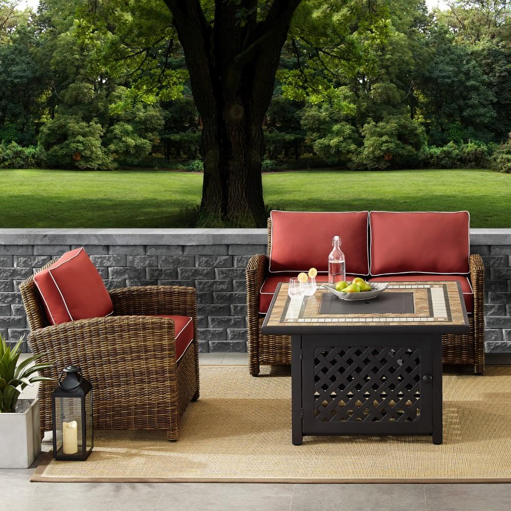 Crosley Furniture - Bradenton 3 Piece Outdoor Wicker Conversation Set With Fire Table Weathered Brown/Sangria - Loveseat, Arm Chair, Fire Table - KO70161-SG veiw 4