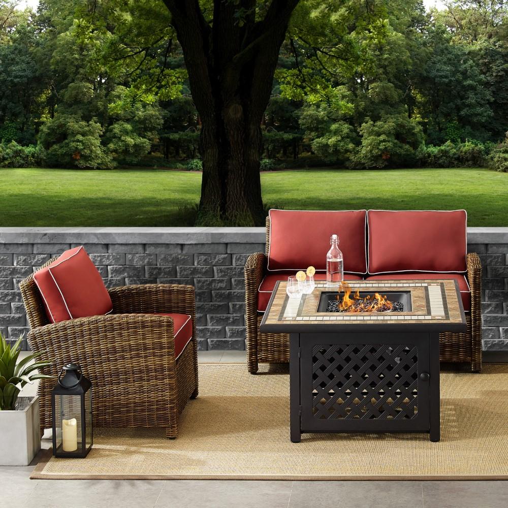 Crosley Furniture - Bradenton 3 Piece Outdoor Wicker Conversation Set With Fire Table Weathered Brown/Sangria - Loveseat, Arm Chair, Fire Table - KO70161-SG veiw 5