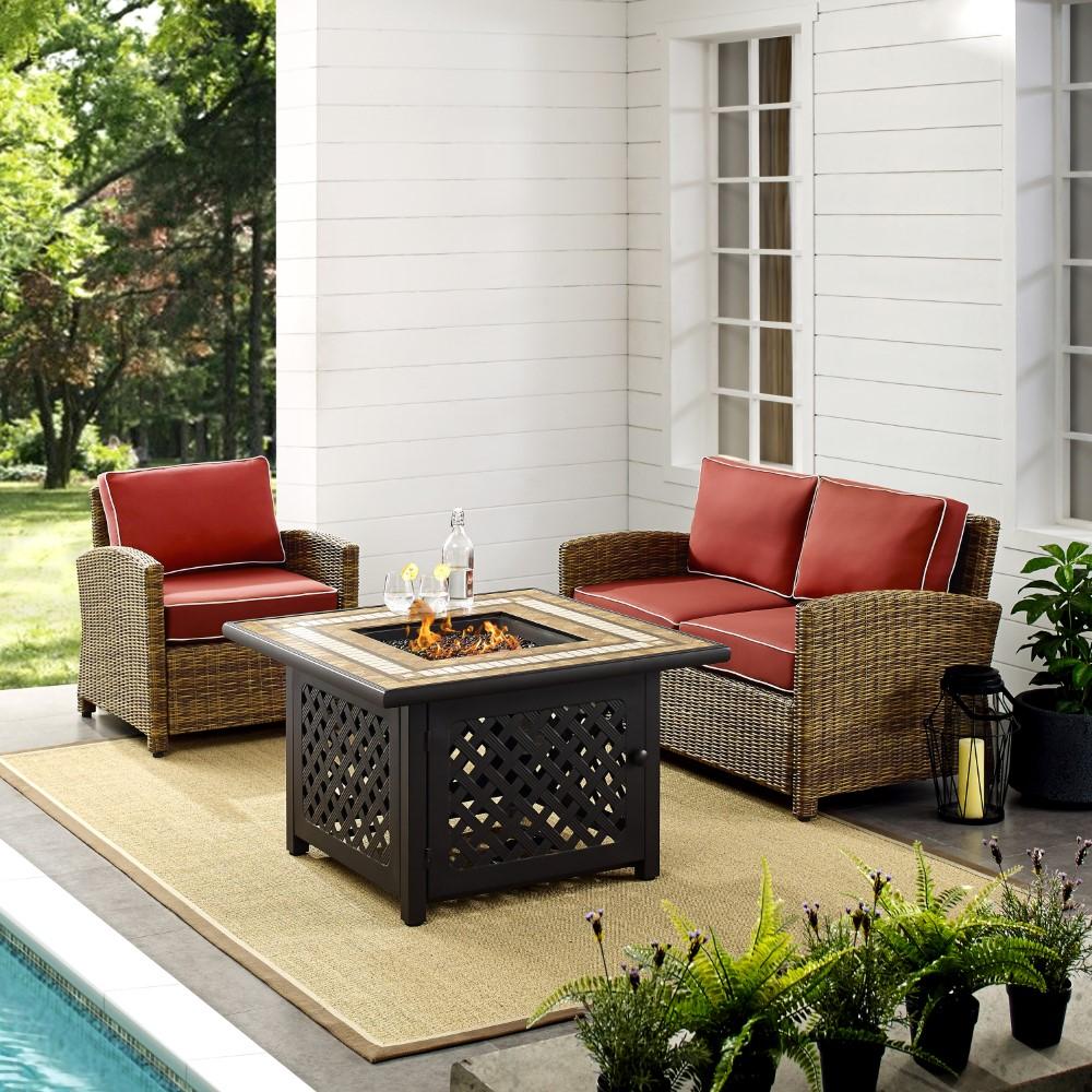 Crosley Furniture - Bradenton 3 Piece Outdoor Wicker Conversation Set With Fire Table Weathered Brown/Sangria - Loveseat, Arm Chair, Fire Table - KO70161-SG veiw 6