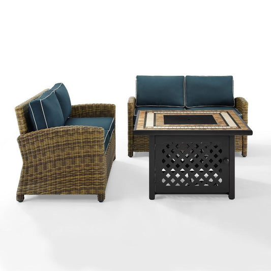 Crosley Furniture - Bradenton 3 Piece Outdoor Wicker Conversation Set With Fire Table Navy/Weathered Brown - 2 Loveseats, Fire Table - KO70164-NV veiw 1