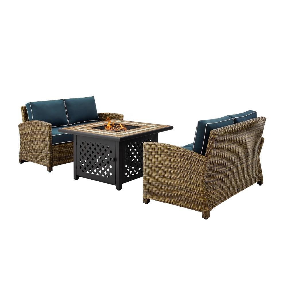 Crosley Furniture - Bradenton 3 Piece Outdoor Wicker Conversation Set With Fire Table Navy/Weathered Brown - 2 Loveseats, Fire Table - KO70164-NV veiw 2