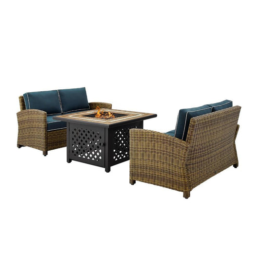 Crosley Furniture - Bradenton 3 Piece Outdoor Wicker Conversation Set With Fire Table Navy/Weathered Brown - 2 Loveseats, Fire Table - KO70164-NV veiw 2
