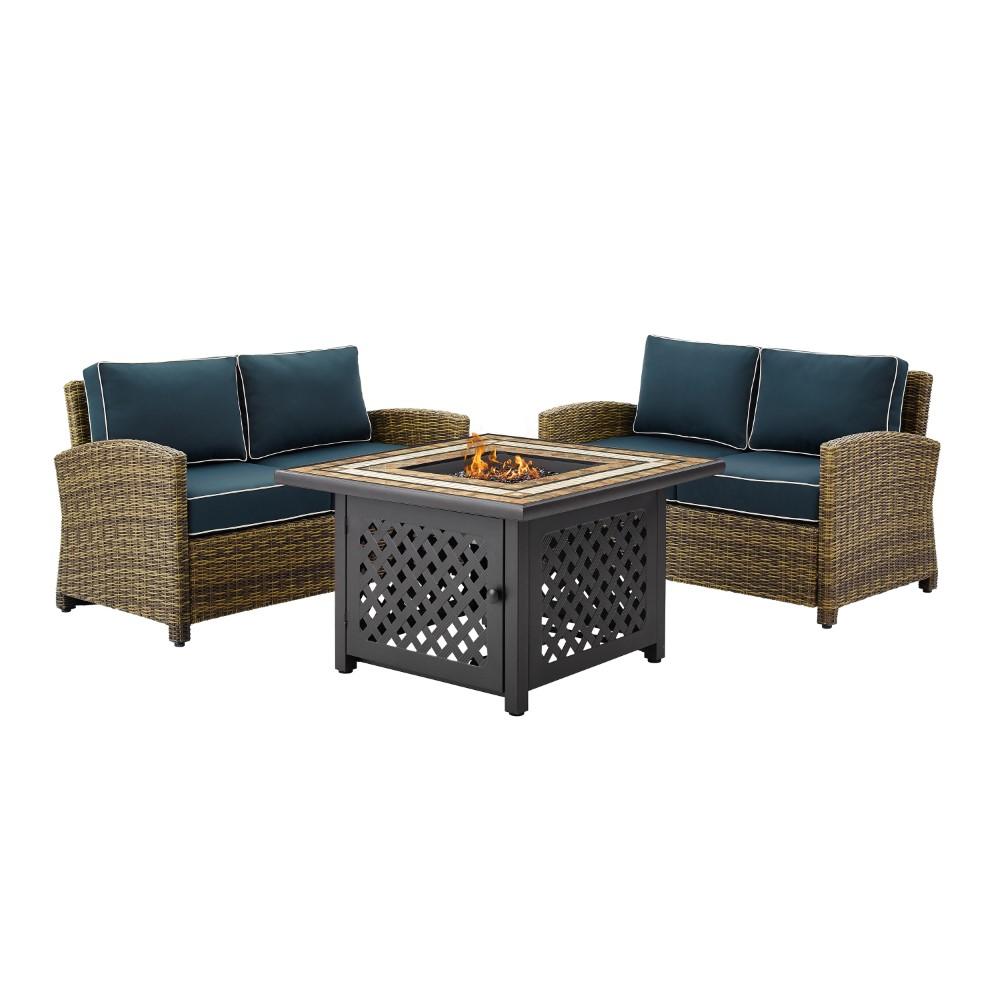 Crosley Furniture - Bradenton 3 Piece Outdoor Wicker Conversation Set With Fire Table Navy/Weathered Brown - 2 Loveseats, Fire Table - KO70164-NV veiw 3