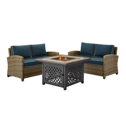 Crosley Furniture - Bradenton 3 Piece Outdoor Wicker Conversation Set With Fire Table Navy/Weathered Brown - 2 Loveseats, Fire Table - KO70164-NV veiw 3