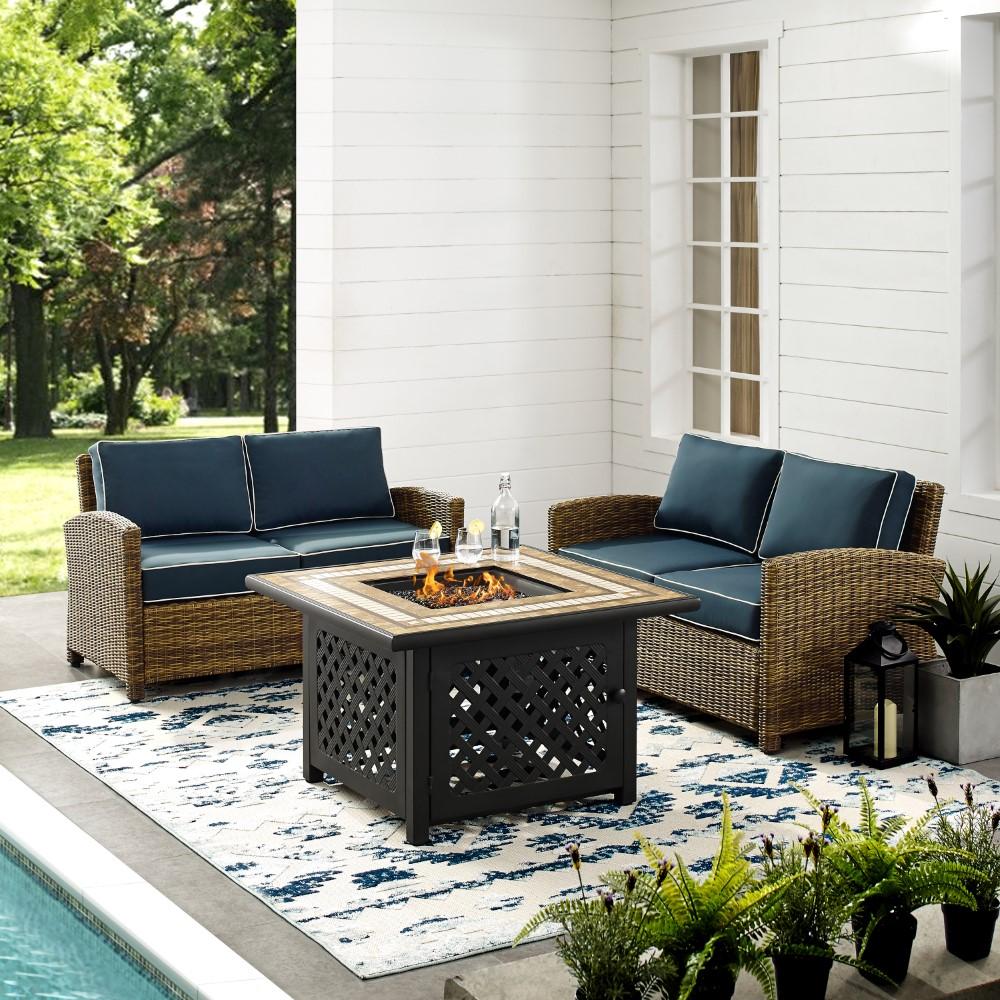 Crosley Furniture - Bradenton 3 Piece Outdoor Wicker Conversation Set With Fire Table Navy/Weathered Brown - 2 Loveseats, Fire Table - KO70164-NV veiw 4