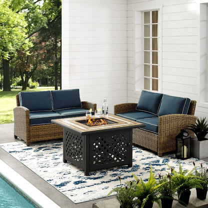 Crosley Furniture - Bradenton 3 Piece Outdoor Wicker Conversation Set With Fire Table Navy/Weathered Brown - 2 Loveseats, Fire Table - KO70164-NV veiw 4