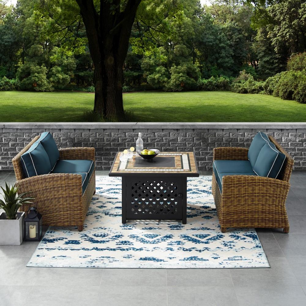 Crosley Furniture - Bradenton 3 Piece Outdoor Wicker Conversation Set With Fire Table Navy/Weathered Brown - 2 Loveseats, Fire Table - KO70164-NV veiw 5