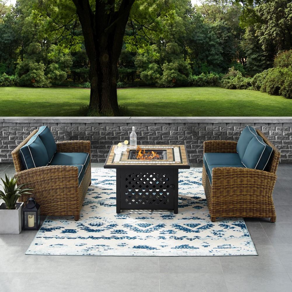 Crosley Furniture - Bradenton 3 Piece Outdoor Wicker Conversation Set With Fire Table Navy/Weathered Brown - 2 Loveseats, Fire Table - KO70164-NV veiw 6