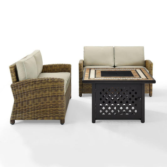 Crosley Furniture - Bradenton 3 Piece Outdoor Wicker Conversation Set With Fire Table Sand/Weathered Brown - 2 Loveseats, Fire Table - KO70164-SA veiw 1