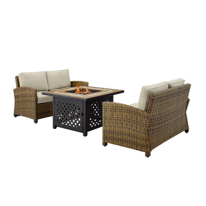 Crosley Furniture - Bradenton 3 Piece Outdoor Wicker Conversation Set With Fire Table Sand/Weathered Brown - 2 Loveseats, Fire Table - KO70164-SA veiw 2