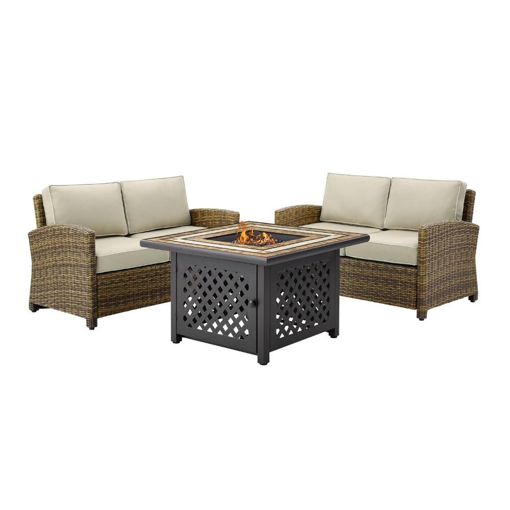 Crosley Furniture - Bradenton 3 Piece Outdoor Wicker Conversation Set With Fire Table Sand/Weathered Brown - 2 Loveseats, Fire Table - KO70164-SA veiw 3
