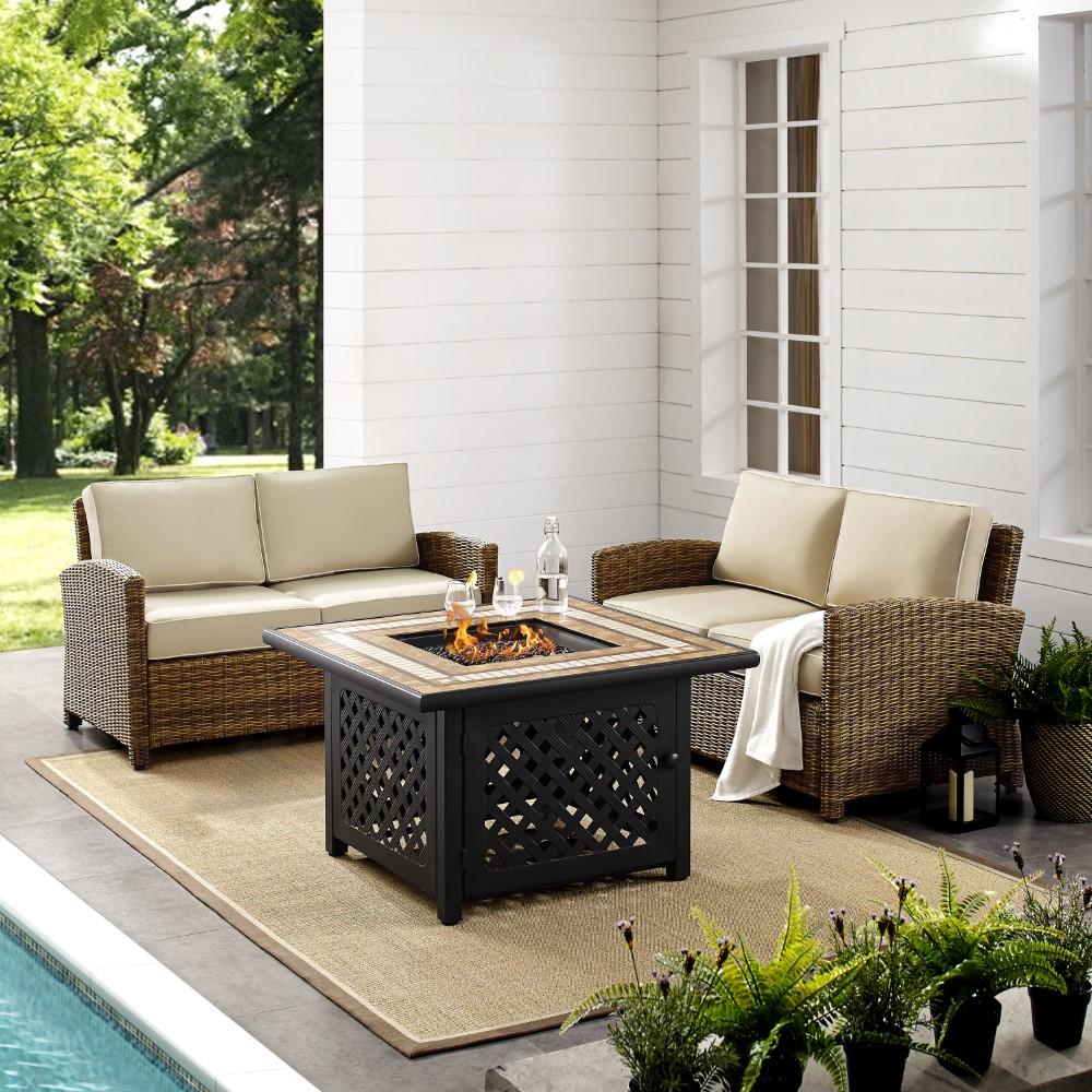 Crosley Furniture - Bradenton 3 Piece Outdoor Wicker Conversation Set With Fire Table Sand/Weathered Brown - 2 Loveseats, Fire Table - KO70164-SA veiw 5