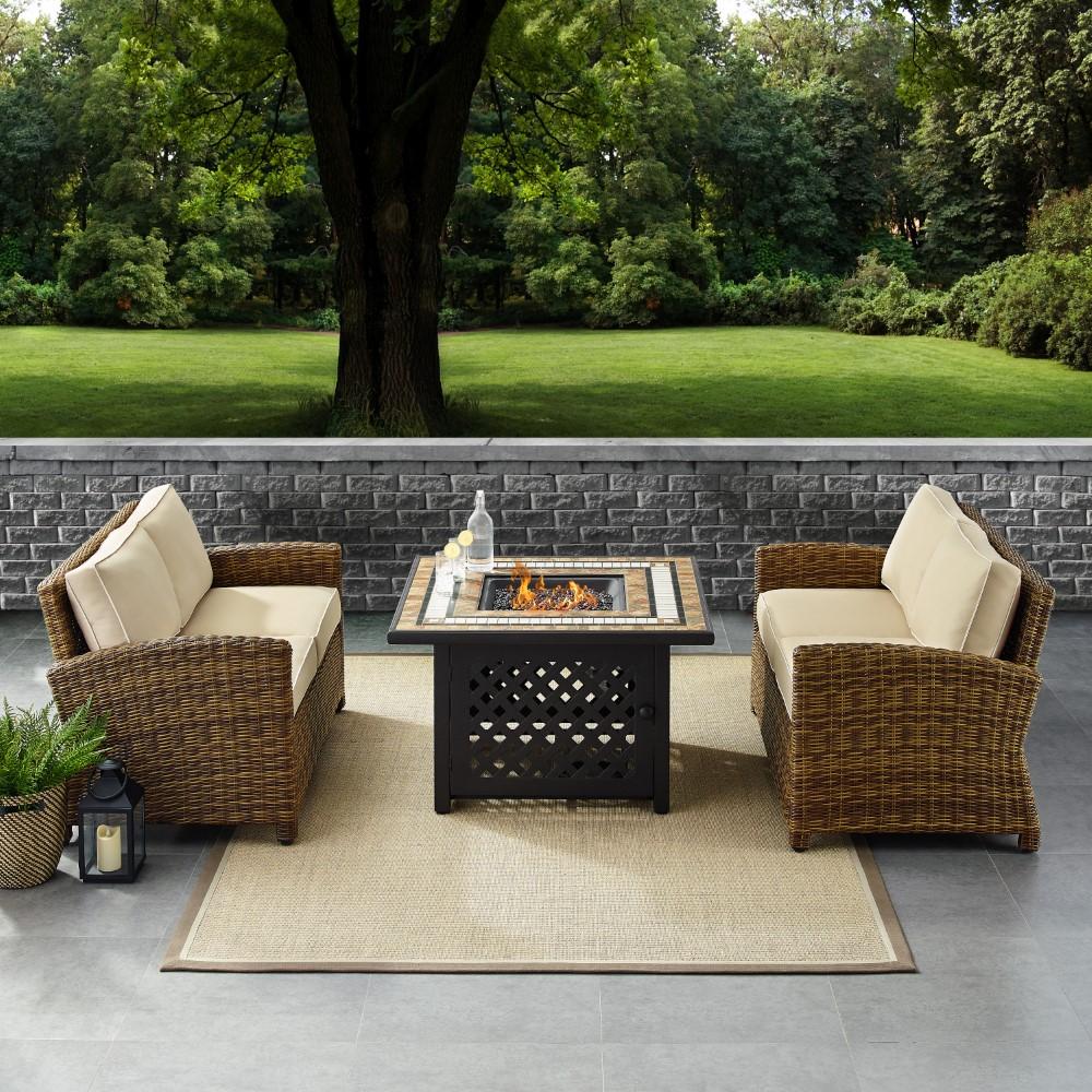Crosley Furniture - Bradenton 3 Piece Outdoor Wicker Conversation Set With Fire Table Sand/Weathered Brown - 2 Loveseats, Fire Table - KO70164-SA veiw 6