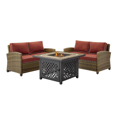 Crosley Furniture - Bradenton 3 Piece Outdoor Wicker Conversation Set With Fire Table Sangria/Weathered Brown - 2 Loveseats, Fire Table - KO70164-SG veiw 3
