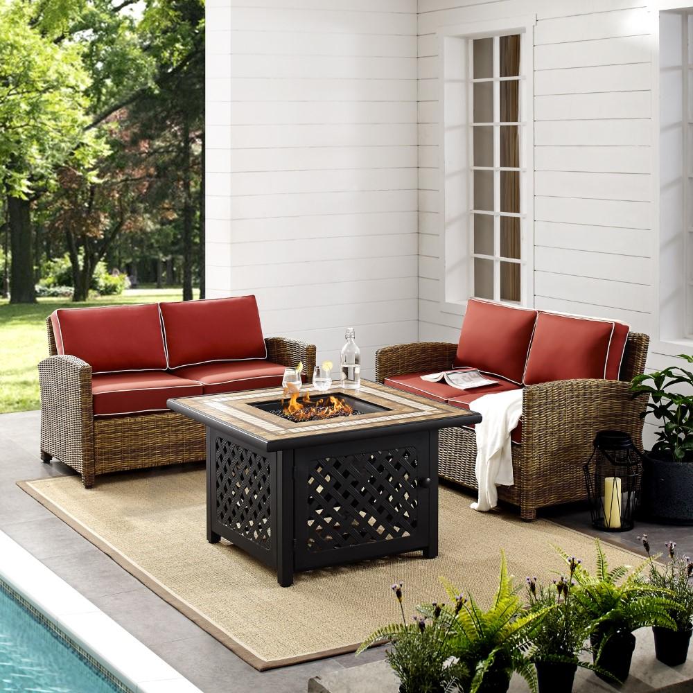 Crosley Furniture - Bradenton 3 Piece Outdoor Wicker Conversation Set With Fire Table Sangria/Weathered Brown - 2 Loveseats, Fire Table - KO70164-SG veiw 5