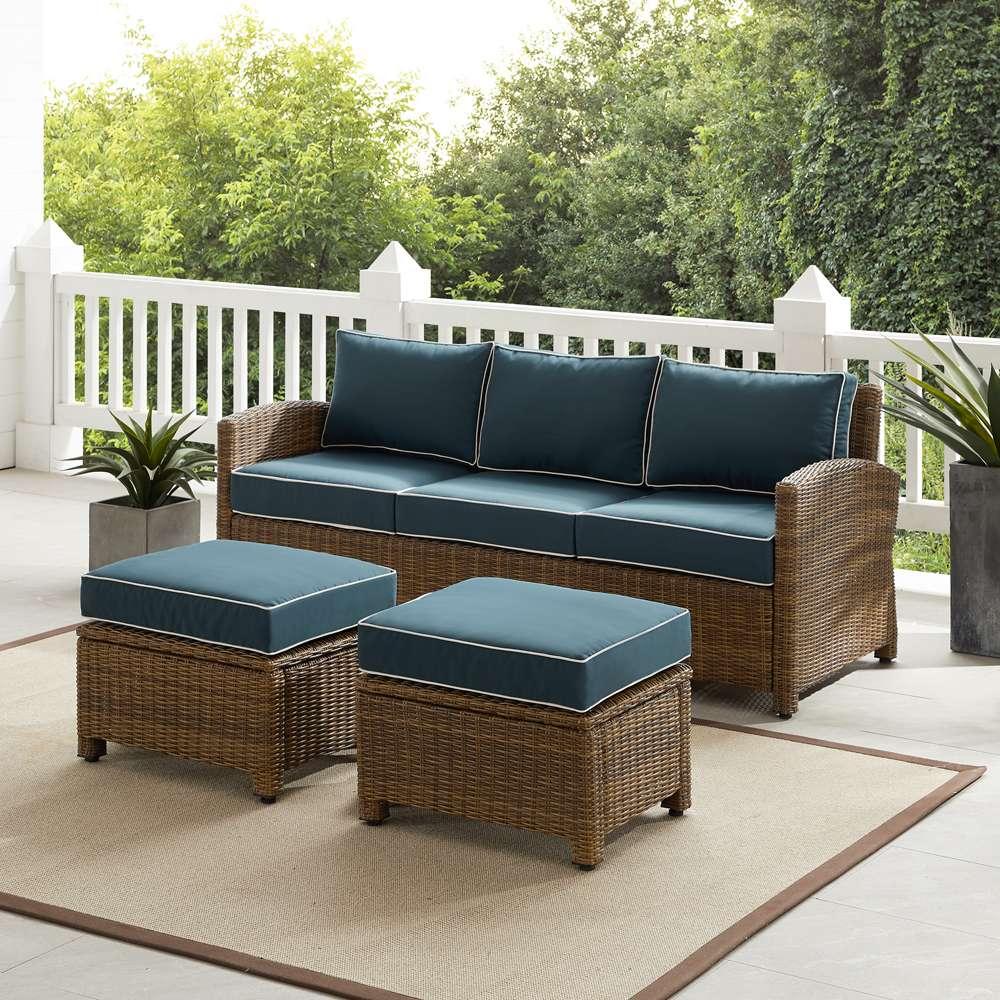 Crosley Furniture - Bradenton 3Pc Outdoor Wicker Sofa Set Navy/Weathered Brown - Sofa & 2 Ottomans - KO70186WB-NV veiw 1