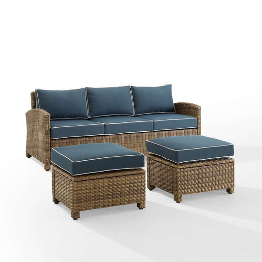 Crosley Furniture - Bradenton 3Pc Outdoor Wicker Sofa Set Navy/Weathered Brown - Sofa & 2 Ottomans - KO70186WB-NV veiw 2