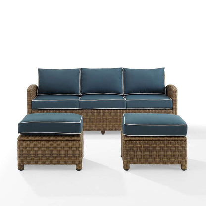Crosley Furniture - Bradenton 3Pc Outdoor Wicker Sofa Set Navy/Weathered Brown - Sofa & 2 Ottomans - KO70186WB-NV veiw 3