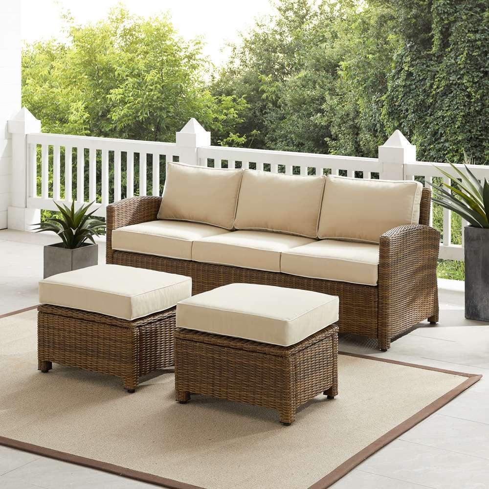 Crosley Furniture - Bradenton 3Pc Outdoor Wicker Sofa Set Sand/Weathered Brown - Sofa & 2 Ottomans - KO70186WB-SA veiw 1