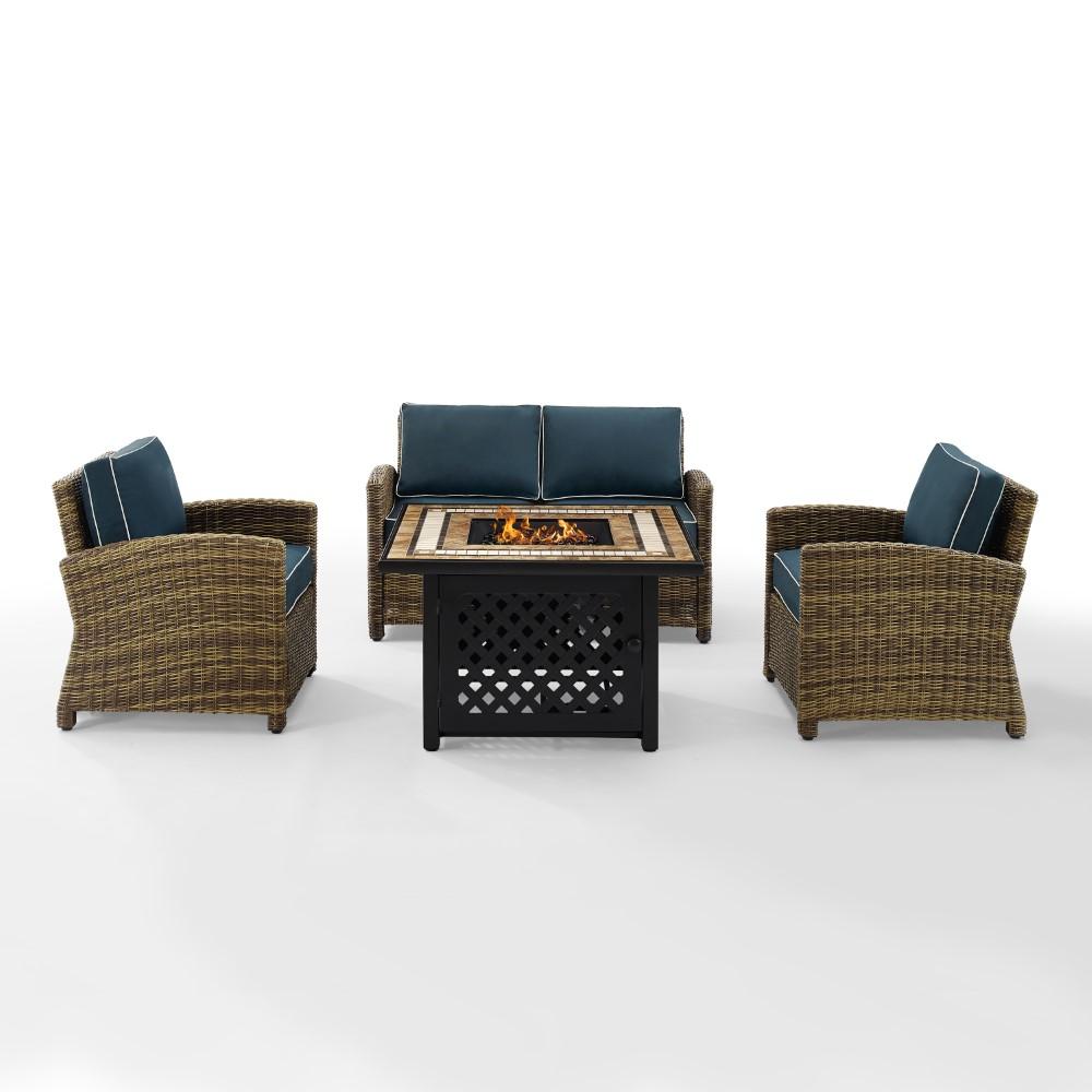 Crosley Furniture - Bradenton 4 Piece Outdoor Wicker Conversation Set With Fire Table Weathered Brown/Navy - Loveseat, 2 Arm Chairs, Fire Table - KO70160-NV veiw 1