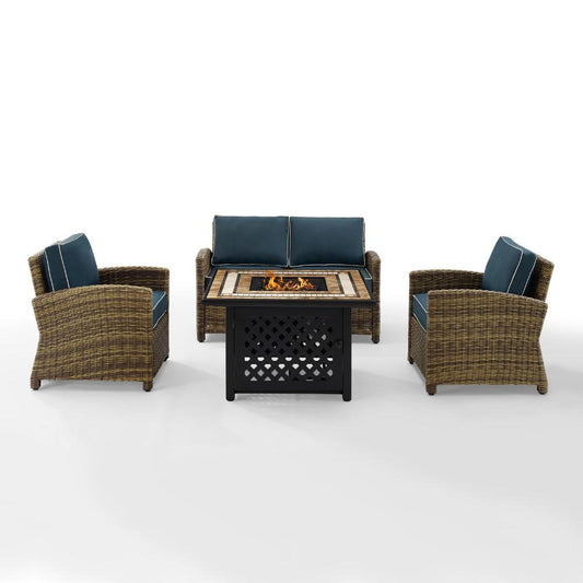 Crosley Furniture - Bradenton 4 Piece Outdoor Wicker Conversation Set With Fire Table Weathered Brown/Navy - Loveseat, 2 Arm Chairs, Fire Table - KO70160-NV veiw 1