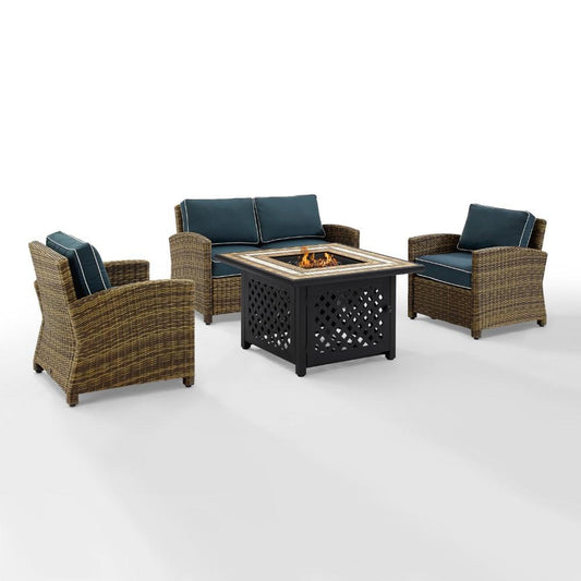 Crosley Furniture - Bradenton 4 Piece Outdoor Wicker Conversation Set With Fire Table Weathered Brown/Navy - Loveseat, 2 Arm Chairs, Fire Table - KO70160-NV veiw 2