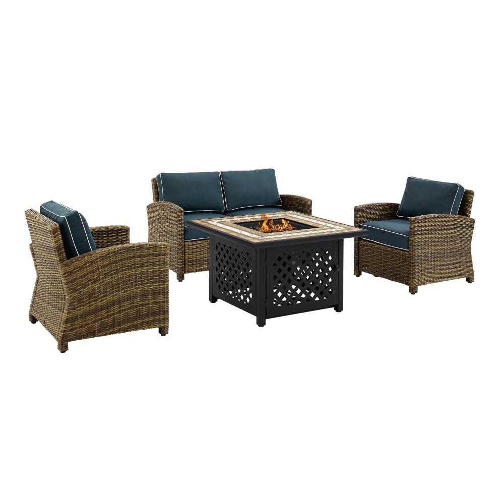 Crosley Furniture - Bradenton 4 Piece Outdoor Wicker Conversation Set With Fire Table Weathered Brown/Navy - Loveseat, 2 Arm Chairs, Fire Table - KO70160-NV veiw 3
