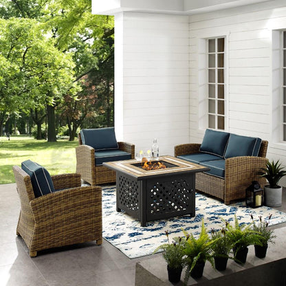 Crosley Furniture - Bradenton 4 Piece Outdoor Wicker Conversation Set With Fire Table Weathered Brown/Navy - Loveseat, 2 Arm Chairs, Fire Table - KO70160-NV veiw 4