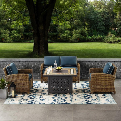 Crosley Furniture - Bradenton 4 Piece Outdoor Wicker Conversation Set With Fire Table Weathered Brown/Navy - Loveseat, 2 Arm Chairs, Fire Table - KO70160-NV veiw 5