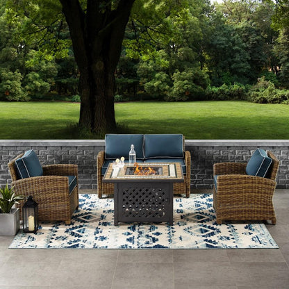 Crosley Furniture - Bradenton 4 Piece Outdoor Wicker Conversation Set With Fire Table Weathered Brown/Navy - Loveseat, 2 Arm Chairs, Fire Table - KO70160-NV veiw 6