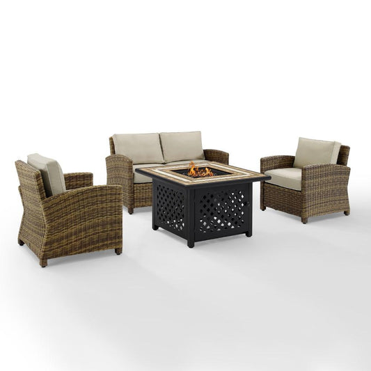 Crosley Furniture - Bradenton 4 Piece Outdoor Wicker Conversation Set With Fire Table Weathered Brown/Sand - Loveseat, 2 Arm Chairs, Fire Table - KO70160-SA veiw 2